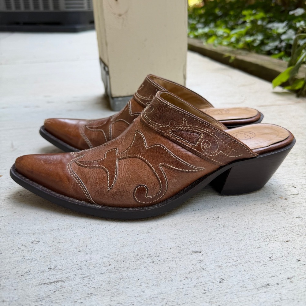Durango vintage Brown Leather Western boots Mules Pointed Toe Cuban Heel Women 7